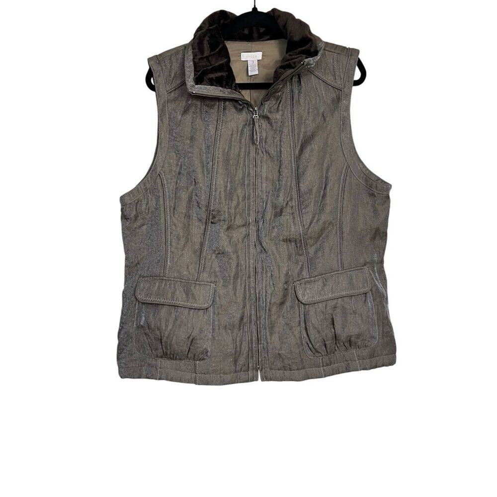 Chico's Jacket Womens 3 XL Bronze Vest Valisa Shimmer Faux Fur Collar Zip NWT